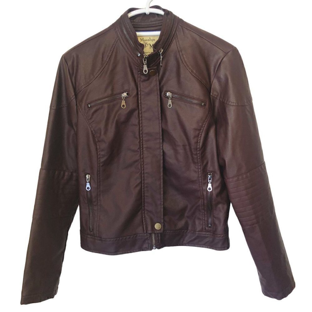 Maralyn & Me Moto Biker Jacket Faux Leather Burgundy Zipper Pockets Size L